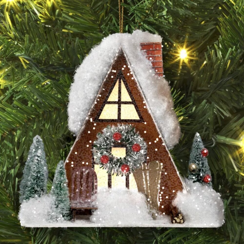Lighted Snowy A Frame Ski Cottage Home Ornament Timer Battery * NEW LAST ONE!